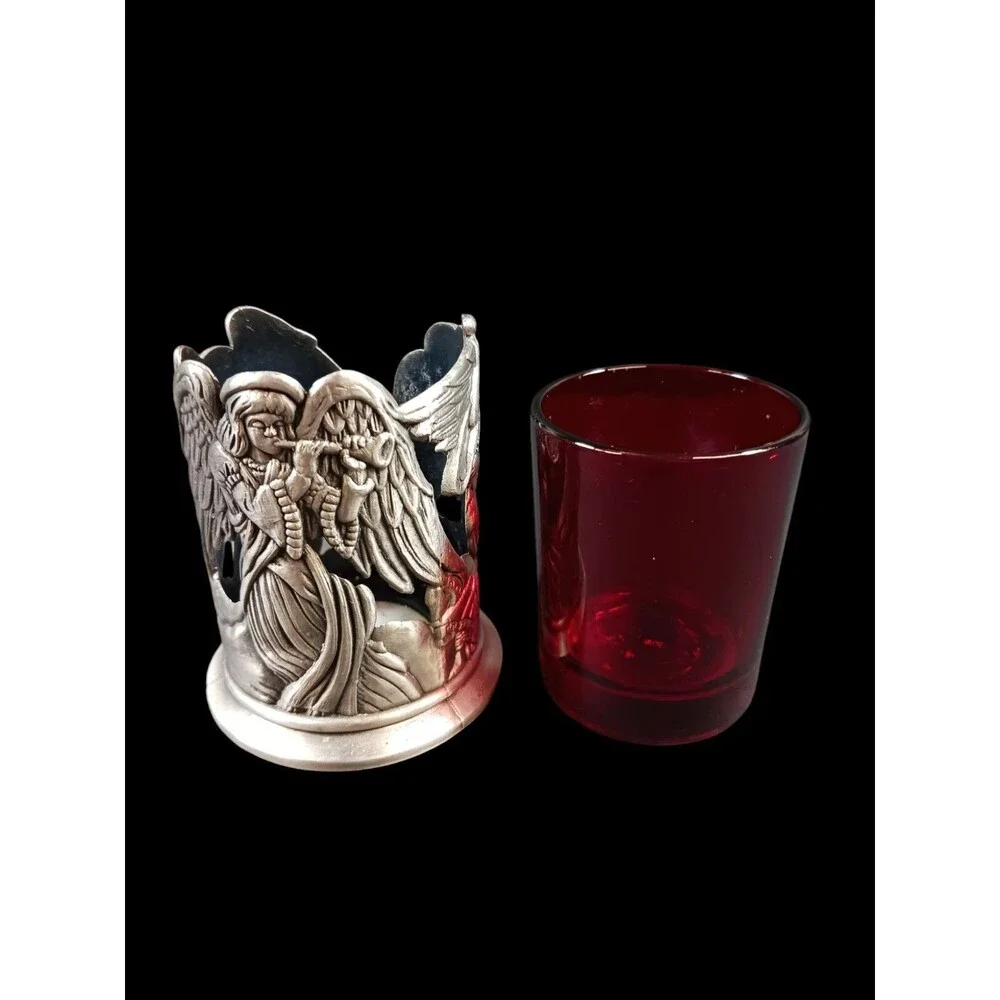 Pewter & Red Glass Votive Candle Holder Angels w/Musical Instruments 3